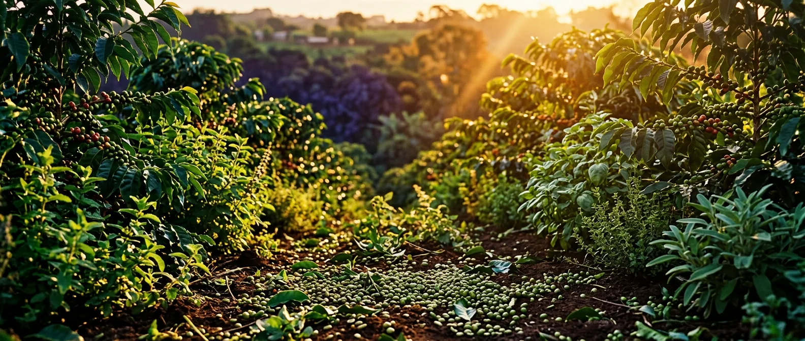 Lush botanical herbs and coffee plants at golden hour