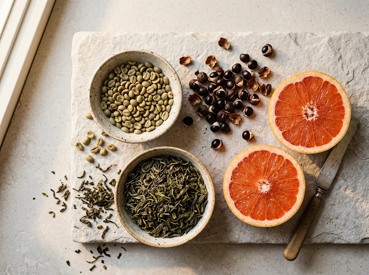 Green coffee beans, guarana seeds and green tea leaves flat-lay