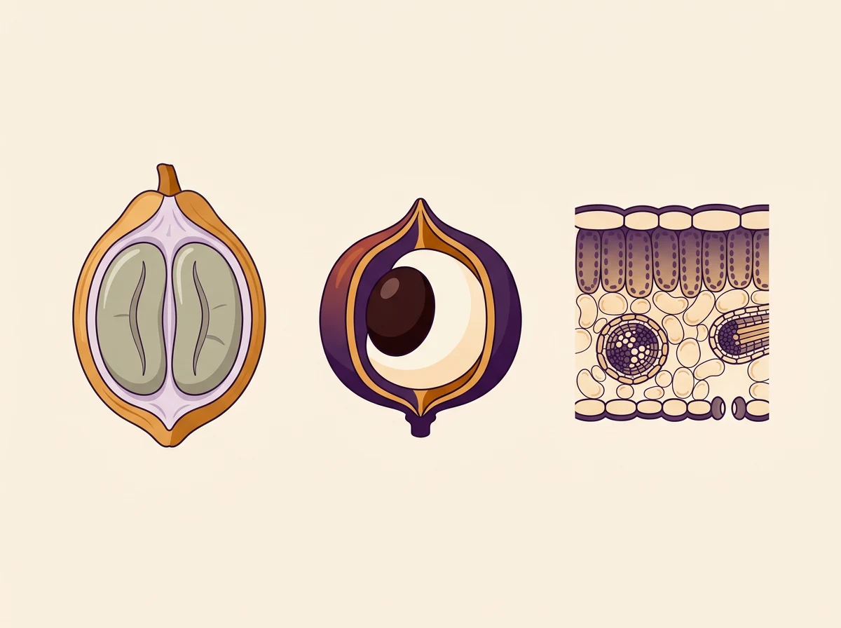Abstract botanical plant cross-sections illustration in amber and violet tones