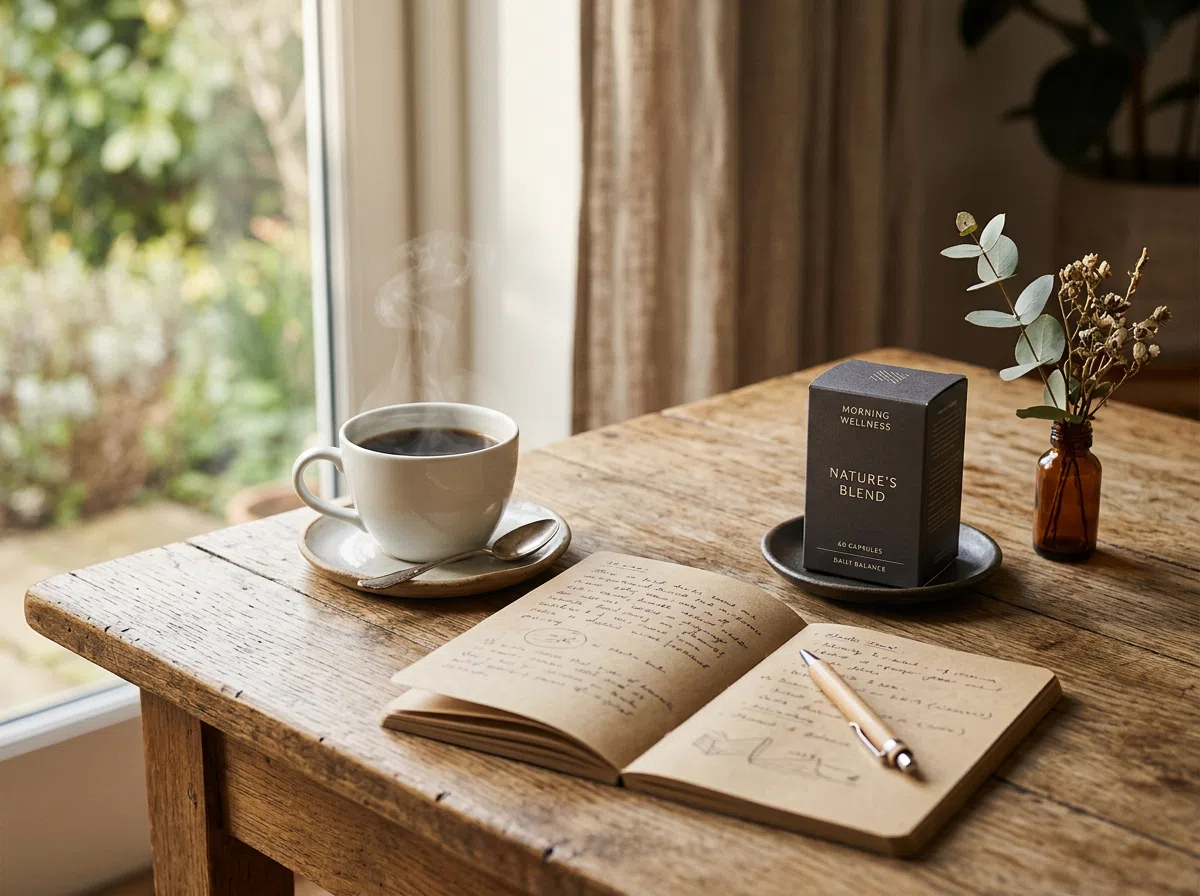 Morning coffee setup on a wooden table with a green plant and open journal