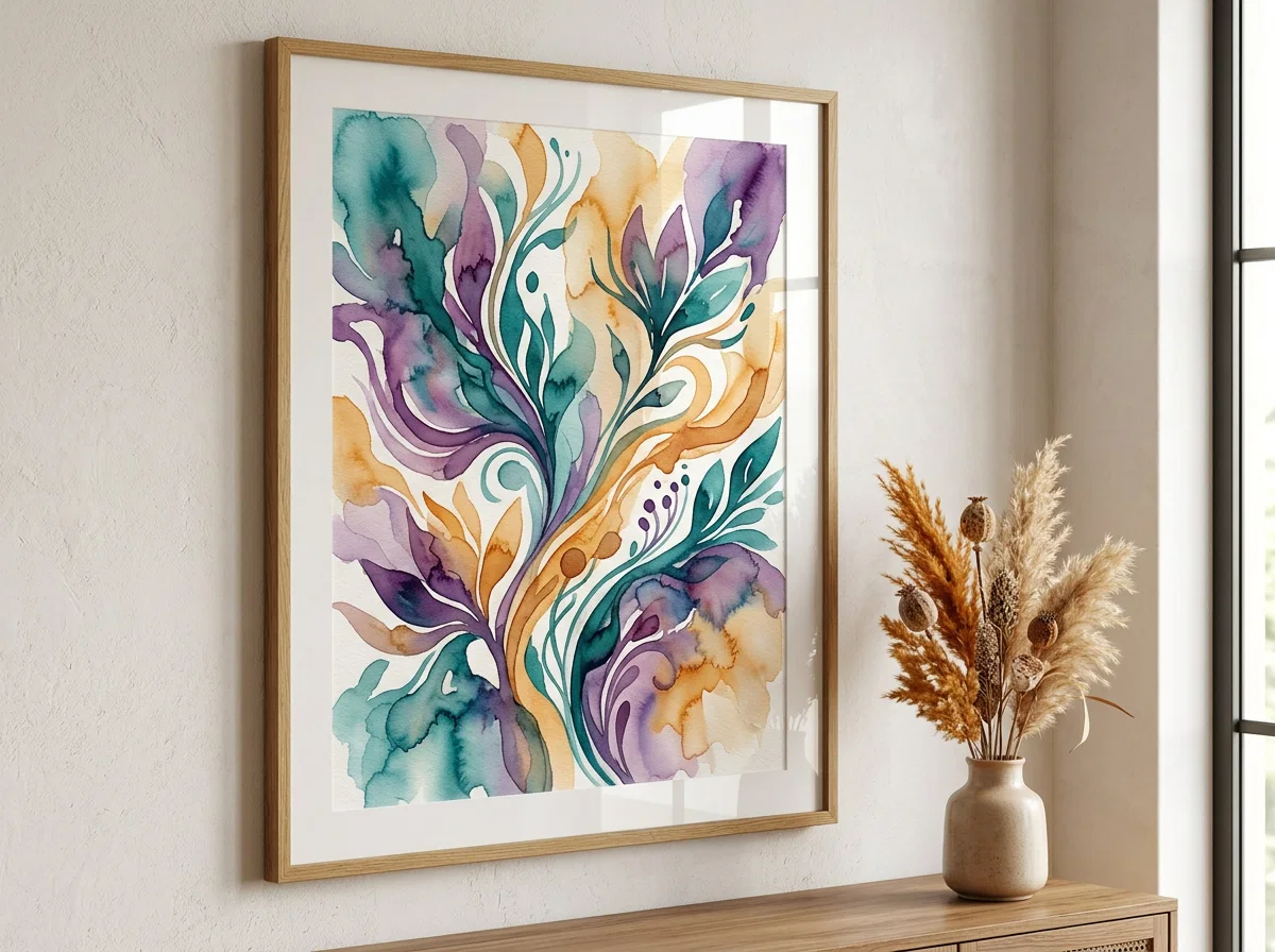 Abstract watercolour swirls in teal and violet suggesting vitality and movement