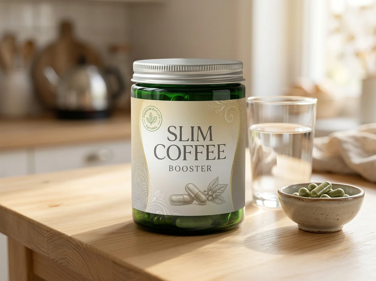 Slim Coffee Booster box open on a marble surface beside a coffee cup and green coffee beans