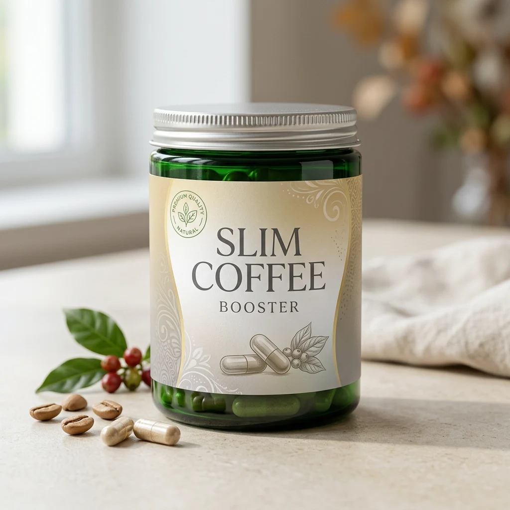 Slim Coffee Booster supplement box - charcoal pack with dusky-pink and gold label