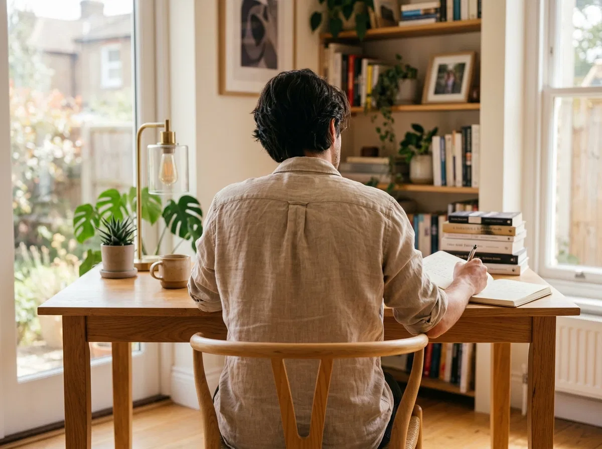 Person writing notes at a home desk, seen from behind